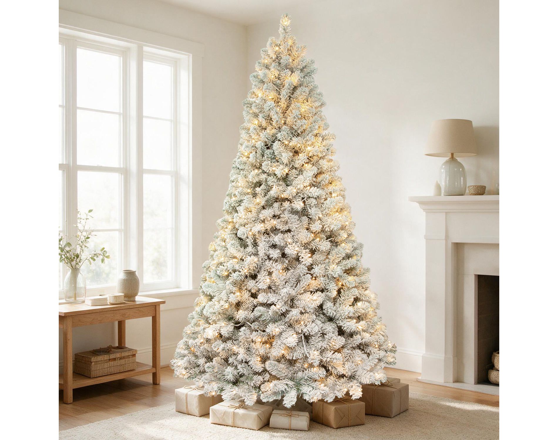 VIVATREES 7ft Pre-lit Artificial Christmas Tree Flocked Hinged Branch Tips with 200 300 LEDs White Warm Lights Foldable Metal Base for Home Office