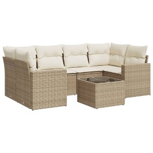 vidaXL Patio Sofa Set with Cushions Outdoor Furniture 7 Piece Poly Rattan - Beige and Cream - 1 of 4