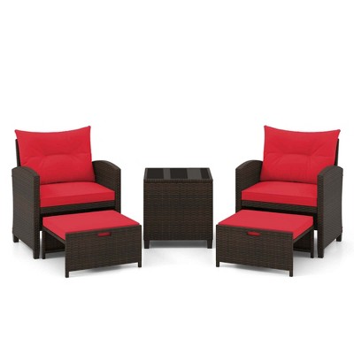 Tangkula Set of 5 Rattan Furniture w/ 2 Wicker Ottomans & Tempered Glass Coffee Table Patio Red