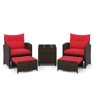 Tangkula Set of 5 Rattan Furniture w/ 2 Wicker Ottomans & Tempered Glass Coffee Table Patio Red - 1 of 4