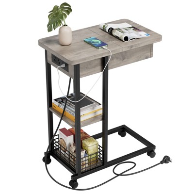C Shaped Side Table with Charging Station, Flip Top Sofa End Table with USB Ports and Outlets