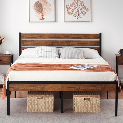 Whizmax Three Size Platform Bed Frame with Rustic Vintage Wood Headboard, Mattress Foundation Metal Slats Support, No Box Spring Needed, Brown