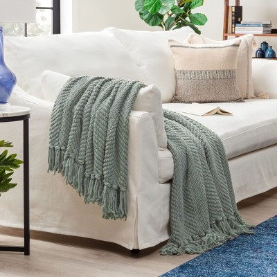 Tan Sage Knitted Throw Blanket with Tassels - 50" x 65"