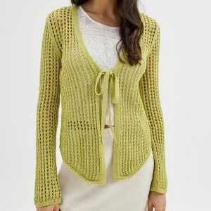 Womens Crochet Sweater Cardigan V Neck Bow Sweater Front Tie Cardigan Bell Sleeve Cover Up Tops Summer Beach Tops Sweater for Spring - 1 of 2