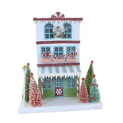 Bethany Lowe 12.75 In Peppermint Bakery Shoppe Christmas Building Bottle Brush Trees Village Buildings