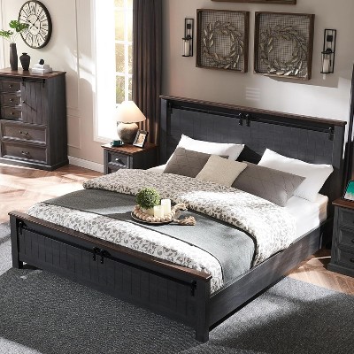 SinCiDo Farmhouse King Size Bed Frame with 47" Headboard, Sliding Barn Door, Wood Bed Frame with Wood Slats Support, No Box Spring Needed