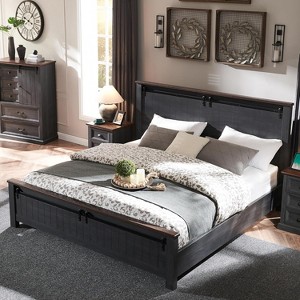SinCiDo Farmhouse King Size Bed Frame with 47" Headboard, Sliding Barn Door, Wood Bed Frame with Wood Slats Support, No Box Spring Needed - 1 of 4