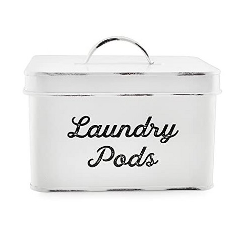 AuldHome Dishwasher Pod Holder, Tablet Container; White Enamelware Rustic  Kitchen Storage Tin with Lid
