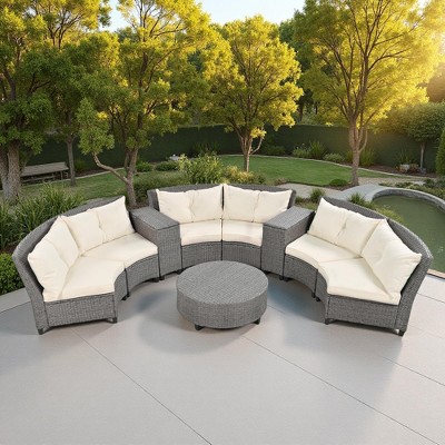 130.3" Outdoor Rattan Half-Moon Sectional Sofa Set with Coffee Table and Side Table, Free Combination