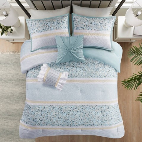 Madison Park 5pc Full/Queen Tulia Seersucker Comforter Bedding Set with Throw Pillows Aqua Blue - Madison Park: Hypoallergenic, Ruffles