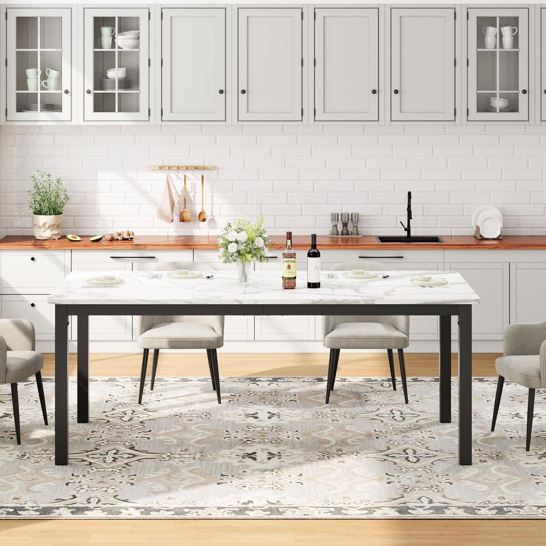 70.9Inch Long Dining Table for 6-8 People, Large Rectangle Kitchen Table with Sturdy Metal Legs