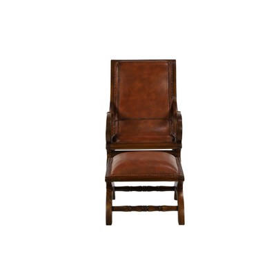 Handcrafted Brown Leather and Teak Wood Accent Chair with Ottoman