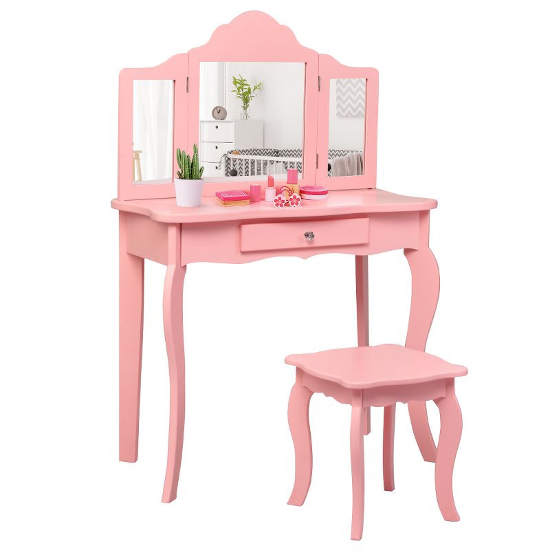 Tangkula Wooden Vanity Table with Triple Folding Mirror & Stool for Kids Pink, 1 of 9