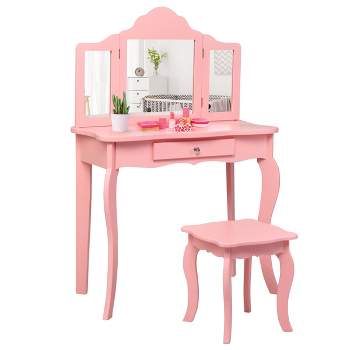 Tangkula Wooden Vanity Table with Triple Folding Mirror & Stool for Kids Pink