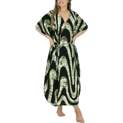 LEELA Women's Summer Maxi Nightdress Cover Up Gown Caftan Loungewear Dashiki House Dresses for Women 3X-4X Black, Abstract