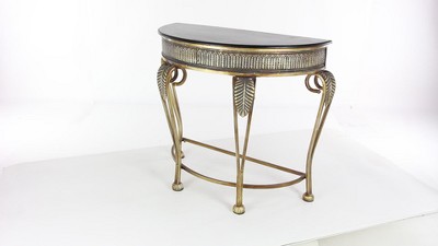 Gold Metal Demilune Console Table with Ornate Scroll Legs