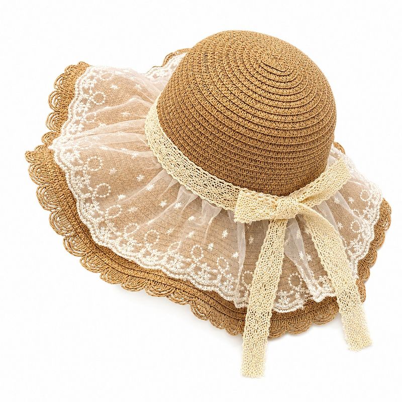 Anna-Kaci Women's Wide Brim Straw Sun Hat with Sheer Lace Overlay Bow Accent and Scalloped Edge - Brown
