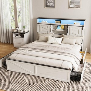 Bed Frame with Bookcase Headboard, Sliding Barn Door Storage Shelves - 1 of 4