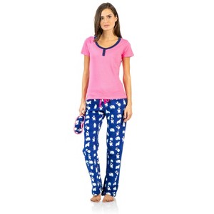 Ashford & Brooks Women's Cotton Top Eye mask & Coral Fleece Pants Pajama Set - Pink Navy - Large - 1 of 4