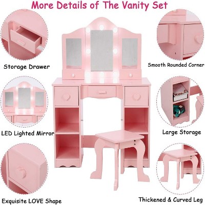 2-in-1 Wooden Kids Vanity Set,Tri-Fold Mirror, Stool & Drawer | Princess Pretend Play Makeup Dressing Table for Toddlers Ages 3+