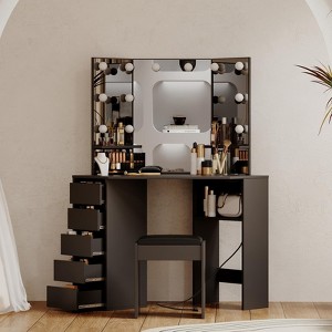 Vanity Desk with Mirror and Lights, Corner Makeup Vanity Desk, Large Dressing Tables with Charging, 5 Drawers, Shelves and Vanity Stool, Black - 1 of 4