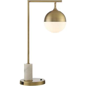 Possini Euro Design Luna Mid Century Desk Table Lamp 26 1/2" High Brass Metal with USB Charging Port Opal Glass Shade for Bedroom Living Room Bedside