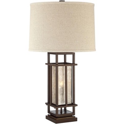 Franklin Iron Works Rustic Farmhouse Table Lamp with Nightlight LED 29" Tall Caged Brown Oatmeal Fabric Drum Shade for Living Room Bedroom