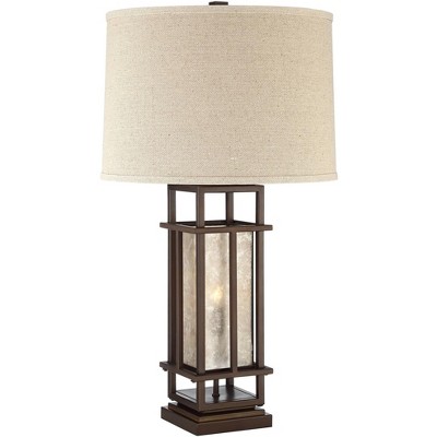 Franklin Iron Works Rustic Farmhouse Table Lamp with Nightlight LED Caged Brown Oatmeal Fabric Drum Shade for Living Room Bedroom