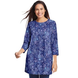 Woman Within Women's Plus Size Perfect Printed Three-Quarter Sleeve Crewneck Tunic - 1 of 4