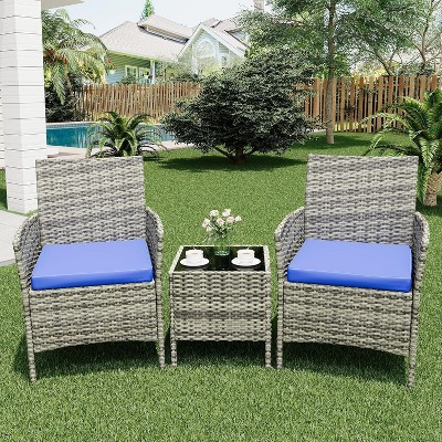 Patio Furniture Set 3 Pieces, Outdoor Patio Furniture Set with Rattan Wicker Chairs, Glass Table and Cushions for Porch, Balcony, Backyard, Garden