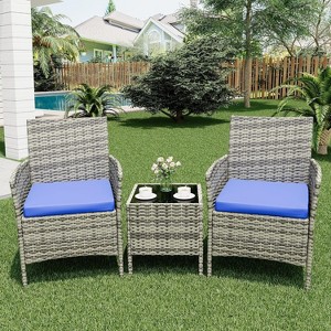 Patio Furniture Set 3 Pieces, Outdoor Patio Furniture Set with Rattan Wicker Chairs, Glass Table and Cushions for Porch, Balcony, Backyard, Garden - 1 of 4
