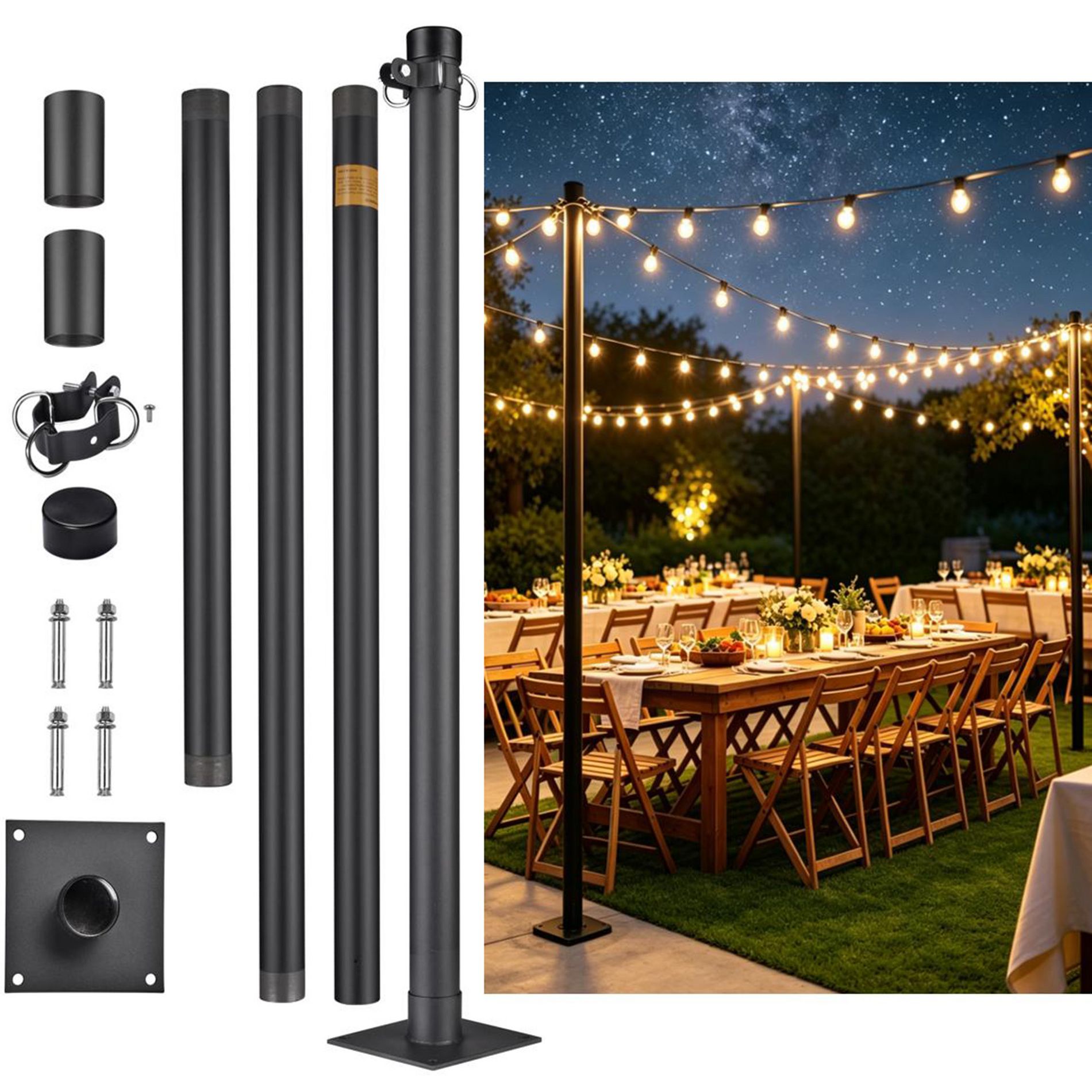 Yescom 10Ft Shade Sail Pole Post Canopy Awning Deck Patio Backyard with Pole Bracket Clamp Powder Patio Outdoor Black