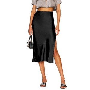 Women's Satin Midi Skirt Side Slit Silky Flowy Casual Formal Midi Skirt - 1 of 4