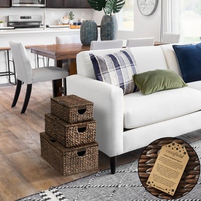 Set of 3 Brown Water Hyacinth Rectangular Storage Baskets with Lids