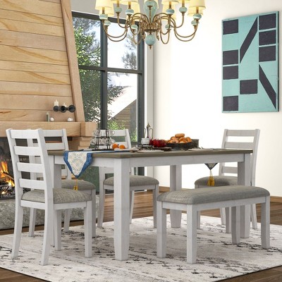 CAVINAS Dining Table Set for 6 Rustic Style Rectangular Dining Room Table Set with 4 Upholstered Chairs and Bench for Kitchen