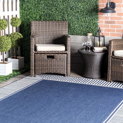Navy and White Striped Synthetic Indoor/Outdoor Rug