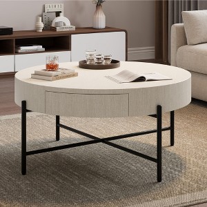 Round Coffee Table with Drawers Circle Living Room Table Wood Accent Coffee Table - 1 of 4