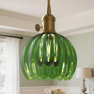 DORESshop 1-Light Gold Vintage Pendant Light, Hanging Tulip Green Glass Shade Fixture, Retro Chandelier for Dining Room Kitchen - 1 of 4