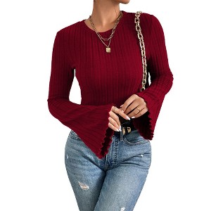 Women's Elegant Blouses Sweater Knit Top Crew Neck T - Shirt with Bell Sleeves - 1 of 4