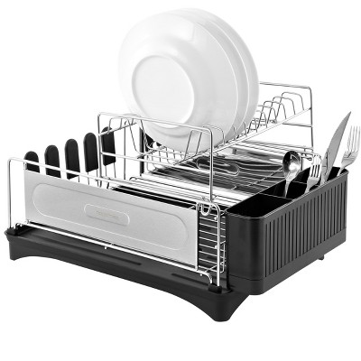 Compact 18.25" Stainless Steel 2-Tier Dish Drying Rack with Utensil Holder