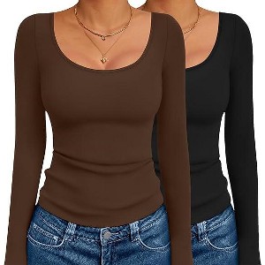 Ekouaer 2 Pack Long Sleeve Shirts for Womens Scoop Neck Tops Slim Fit Undershirts Basic Thermal Tee Shirt - 1 of 4