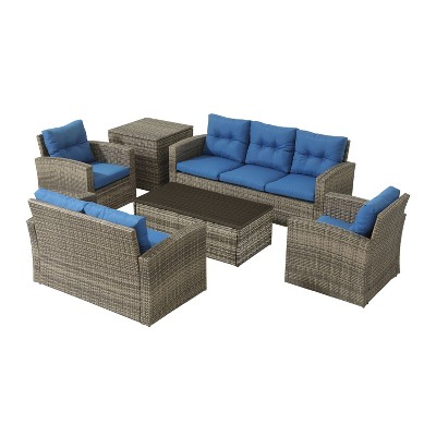 6pc Wicker Rattan Patio Sofa Set with Blue Cushions - Accent Furniture