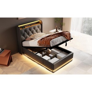 DOMETOUR Twin Upholstered Bed, LED Surround, Remote/App Control, Hydraulic Storage, USB-C Charging, Black PU, No Mattress - 1 of 4