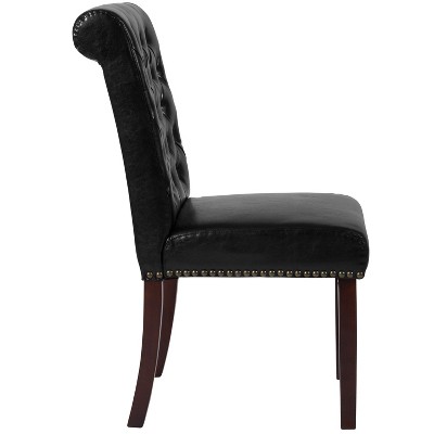 Black Leather Upholstered Parsons Side Chair with Wood Legs