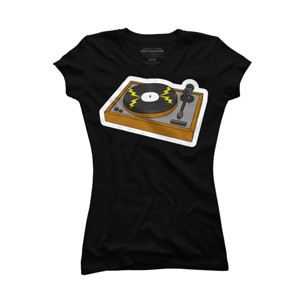 Junior's Design By Humans Cartoon Vinyl Record Turntable By MusicoIlustre T-Shirt - 1 of 2