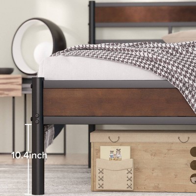 Queen Brown Bamboo and Black Metal Platform Bed Frame with Slatted Headboard