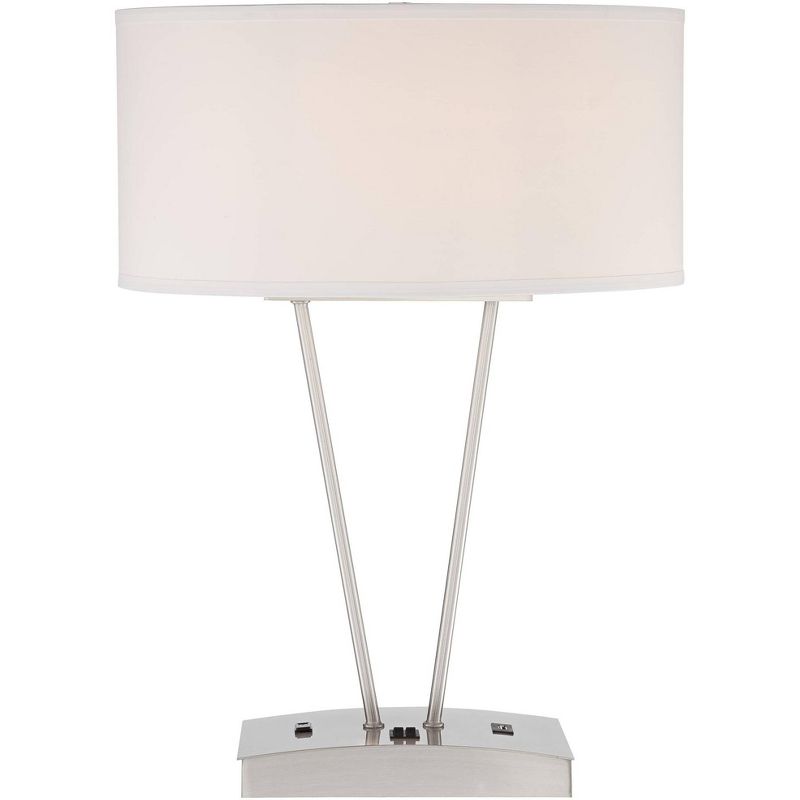 Possini Euro Design Leon Modern Table Lamp 26 1/4" High Silver Metal with USB and AC Power Outlet in Base White Oval Shade for Bedroom Living Room, 5 of 8