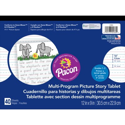 Pacon Multi-Program Handwriting Tablet, D'Nealian/Zaner-Bloser, 1/2" x 1/4" x 1/4" Ruled & 4-1/4" Picture Story Space, 12" x 9", 40 Sheets (Pack of 6)