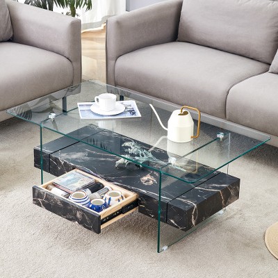 Lyngins 43.3" Modern Coffee Table with Storage Drawer, Double-Layer Tea Table with Tempered Glass Top, Center Table & Living Room Table