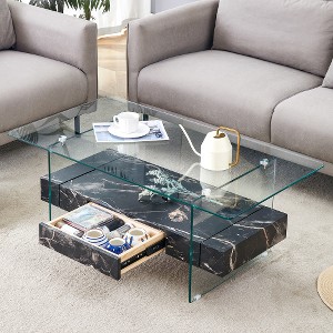 Lyngins 43.3" Modern Coffee Table with Storage Drawer, Double-Layer Tea Table with Tempered Glass Top, Center Table & Living Room Table - 1 of 4